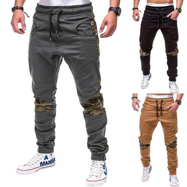 

men's pants men camouflage patchwork skinny outdoor gym casual elastic sweatpants drawstring ankle tied sports trouser, Black