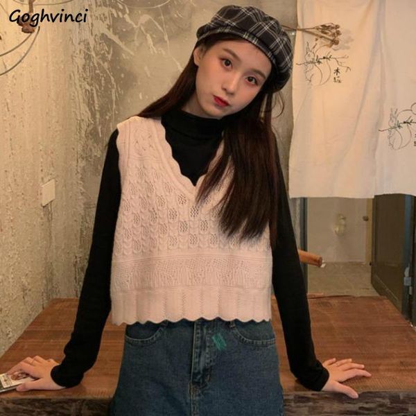 

women's vests sweater womens solid v-neck students preppy style crop wave edge lovely all-match korean casual hollow out trendy, Black;white