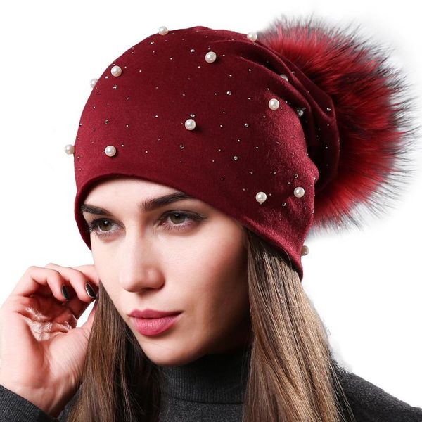 Beanie / Crânio Caps Mulheres Cashmere Lã Chapéu de malha Pom Natural Fur Ball Beanie Grosso Duplo Camada Slouchy com Pérolas embelezadas