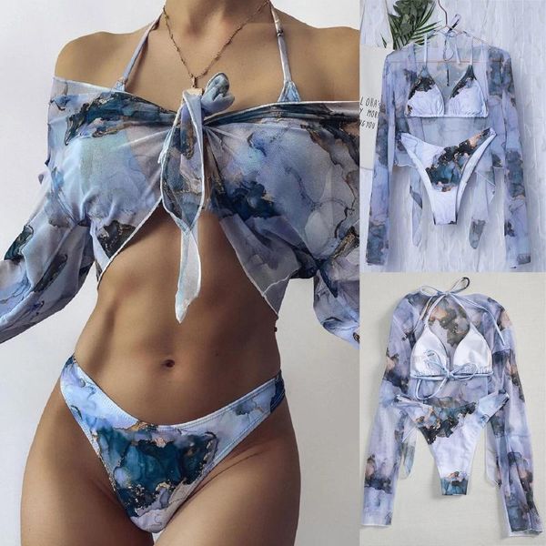 

women's swimwear bikini 2021 tie-dye printed cross-tie chiffon three-piece split swimsuit bathing suit women, White;black