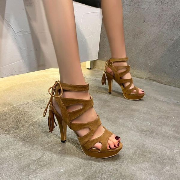 

sandals 2021 europe and america women high heel cross border open toe stilettos cutout tassel heels a544, Black