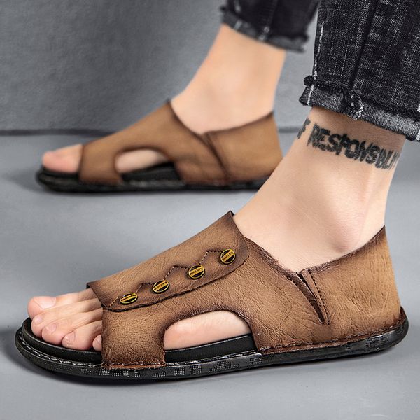 

slippers large size men's sandals outdoor summer breathable korean fashion roman leather driving 7uzv, Black