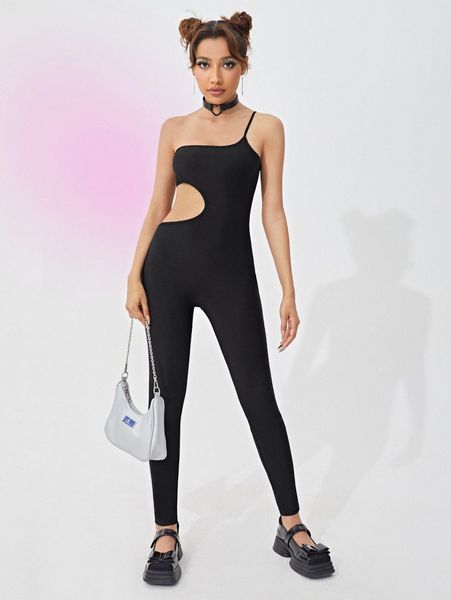 

one shoulder cut out unitard jumpsuit p1xm#, White