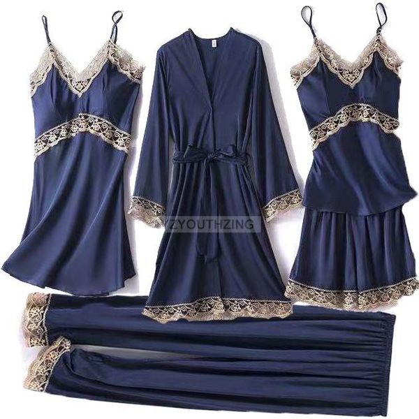 

women's sleepwear satin 5pcs kimono gown female robe suit lace chemise nightgown&bathrobe set patchwork nightwear v-neck pajamas, Black;red