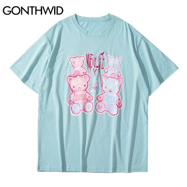 

tshirts streetwear hip hop cartoon bears print tees shirts harajuku fashion casual loose summer short sleeve 210602, White;black