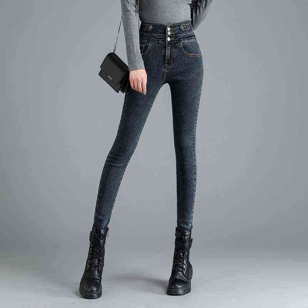 

guuzyuviz high waist jeans autumn winter pencil pants denim buttons ladies trousers elasticity plus size jean femme 211129, Blue