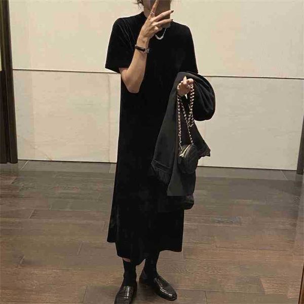 

black basic all match solid minimalist stylish female women velvet streetwear short sleeves long dresses 210525, Black;gray
