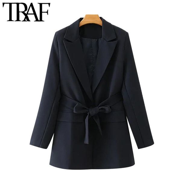 

women fashion with belt single button blazer coat vintage long sleeve pockets female outerwear chic veste femme women's suits & blazers, White;black