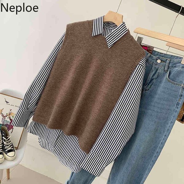 

neploe women sets o-neck knitwear split vest striped long sleeve blouse spring fashion korean suit two piece outfits 4h429 210422, White