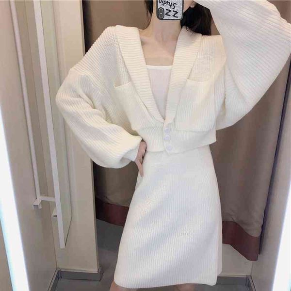 

comelautumn knitted 2 piece set women long sleeve v neck sweater elastic waist knitted skirt female sweater suit 210515, White