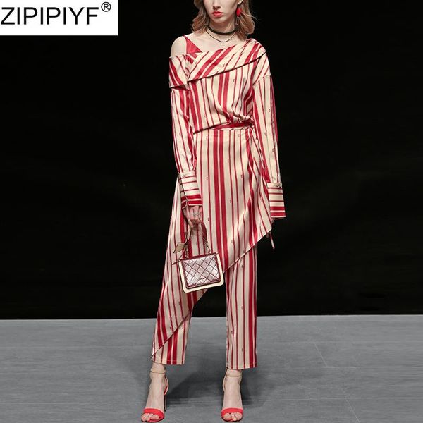 

two piece dress 2021 spring fashion women stripes off shoulder long sleeve blouses+pencil pants+silk scarf 3pcs suits tracksuit outfit, White