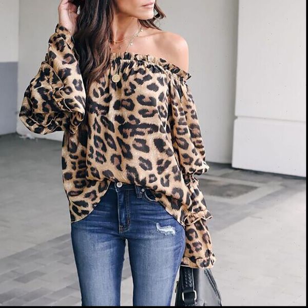 

fashion casual leopard print flare women shirt long sleeve off shoulder ladies costume spring clothes, White