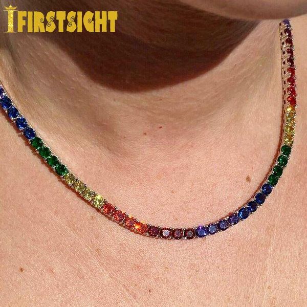 

pendant necklaces 1 row rainbow 5mm cz tennis chain necklace rose gold color hip hop round cut iced out cubic zirconia mens women jewelry, Silver