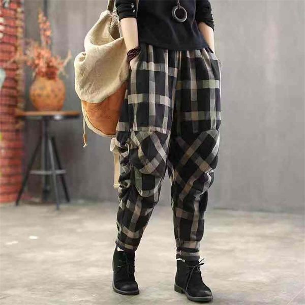 

spring summer arts style women elastic waist harem pants vintage cotton linen plaid loose female trousers plus size d414 211007, Black;white