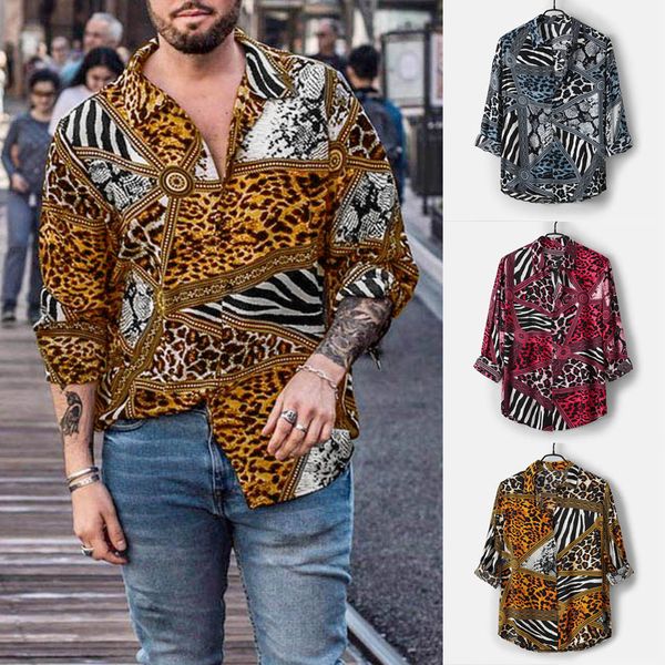

shirts men's autumn hip hop loose casual daily leopard print lapel long sleeve shirt blouse, White;black