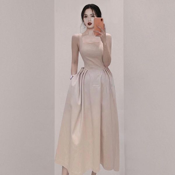 Casual Kleider Aprikose Sommer Langes Kleid Frauen Koreanische Ärmelloses Quadrat Kragen Hohe Taille Party Französisch Luxus Taschen Baumwolle C315