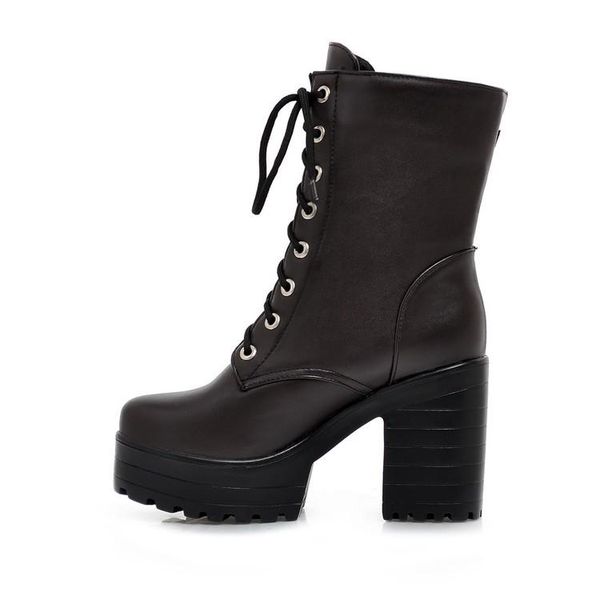 

boots winter ankle platform shoes for woman buckle fashion round toe pure color consice zipper cross tied short, Black