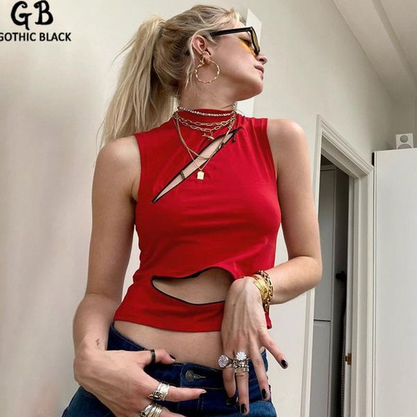 

women's tanks & camis gothblack tank navel zipper hollow out solid slim o neck sleeveless women clothes skinny crop fashion streetw, White