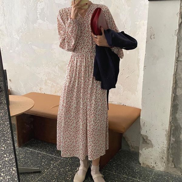

casual dresses early spring ins korean style girlish date bi into french kikyou dress romantic red floral chiffon, Black;gray