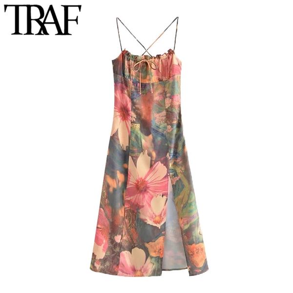 

women chic fashion floral print front slit midi dress vintage backless bow tied thin straps female dresses mujer 210507, Black;gray