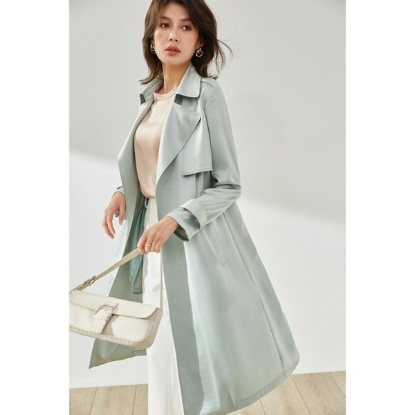 

women's wool & blends 2021 spring draped satin acetate mid-length windbreaker casual commuter coat jacket women, Black