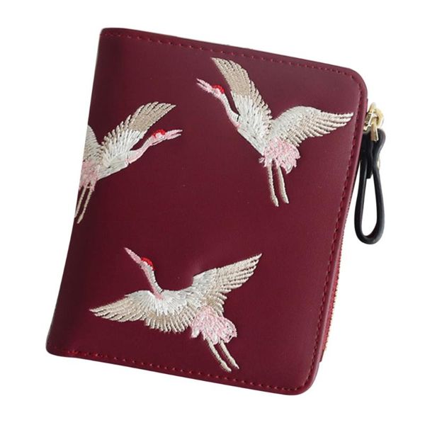 

wallets women pu leather wallet zipper embroidered ladies fashion purses mini bag coin purse card holder, Red;black