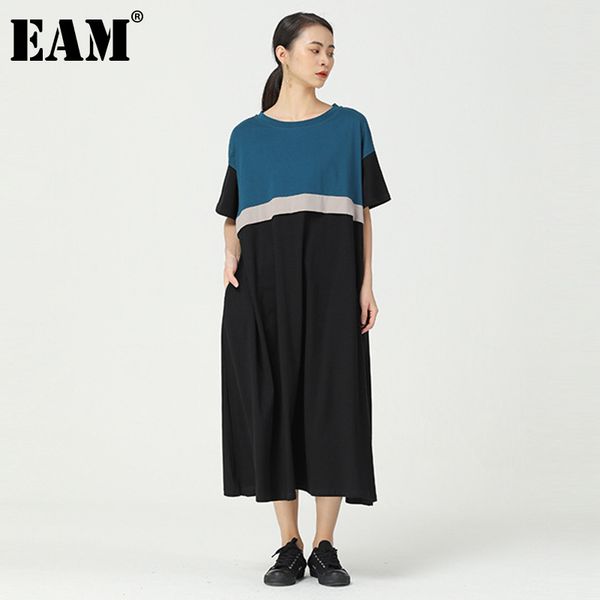 

[eam] women contrast color big size patchwork dress round neck short sleeve loose fit fashion summer 1dd6712 210512, Black;gray