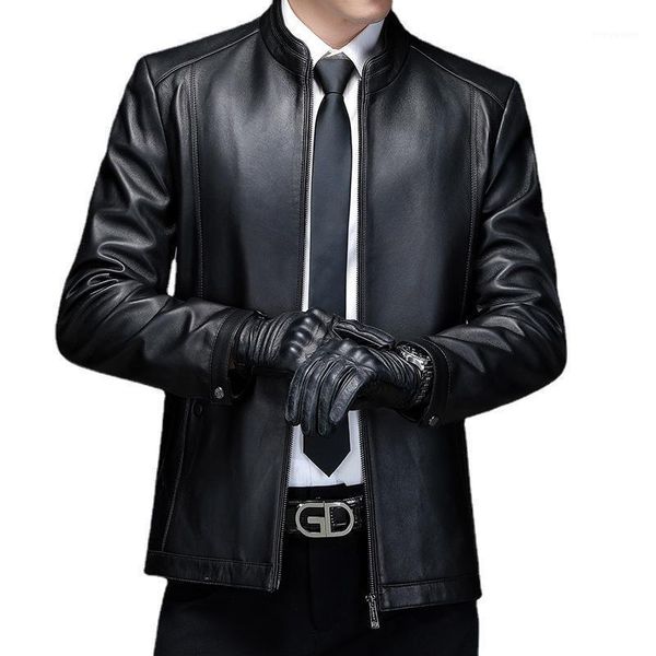 

men's jackets 2103 spring and autumn clothing plus sizethin men's slim fit short stand collar middle-aged layer leather jacket, Black;brown