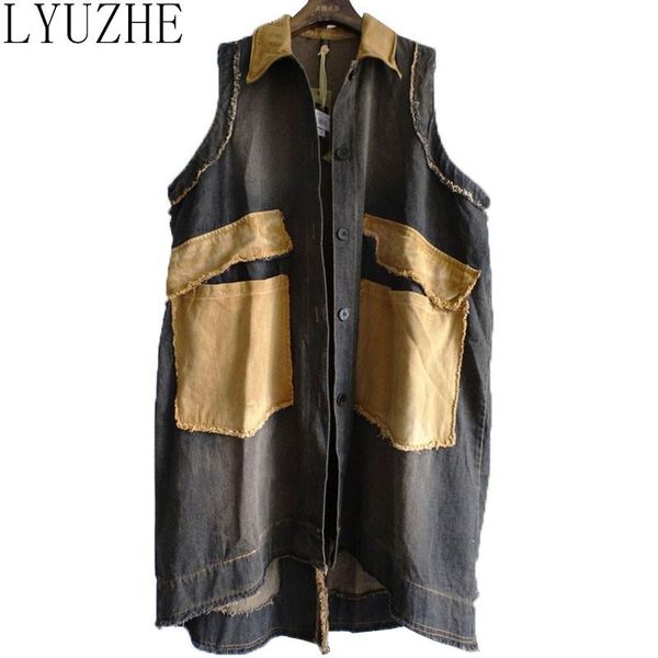 

women's vests lyuzhe vintage fashion spring patchwork women denim vest 2021 patch designs coat spliced sleeveless black qdy042, Black;white