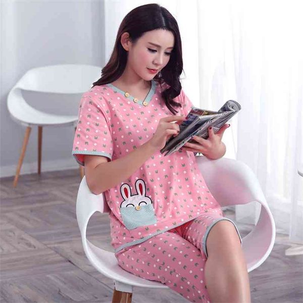 Plus Größe XXXL Sommer Nachtwäsche Frauen Pyjamas Sets V-Ausschnitt Cartoon Kurzarm Pyjama Anzug Baumwolle Homewear Soft 210809