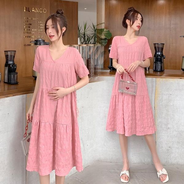 

maternity dresses 2761# dress summer v neck solid color cotton short sleeves loose stylish pregnant women mom, White