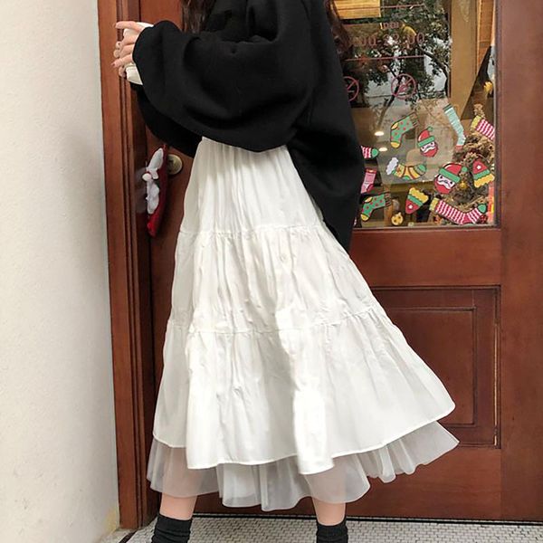 

skirts long tulle midi womens 2021 spring elastic high waist mesh tutu pleated female white skirt streetwear 0128, Black