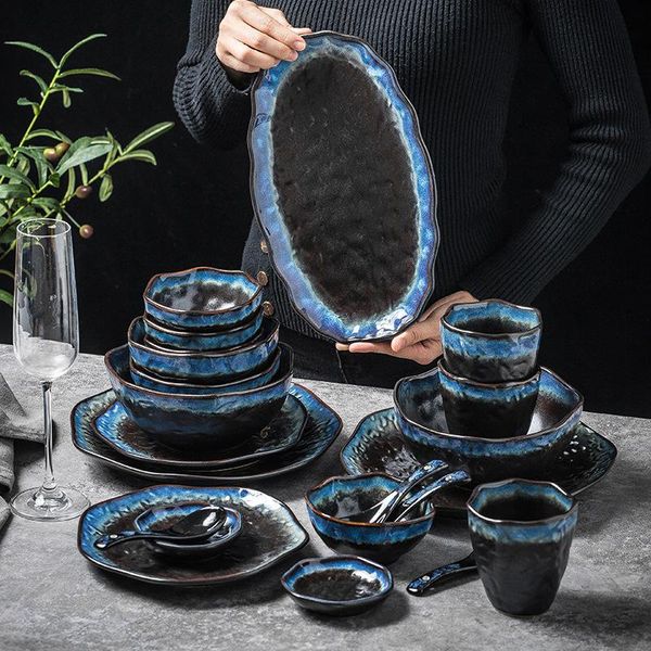 

dishes & plates irregular dinner creative fancy glaze dinnerware black blue splicing ceramic plate household platos de cena