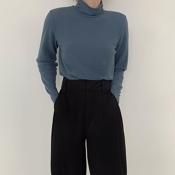 

women's t-shirt half-high t shirt women 2021 autumn -coming fleece vintage casual simple solid color korean style long sleeve clothes, White
