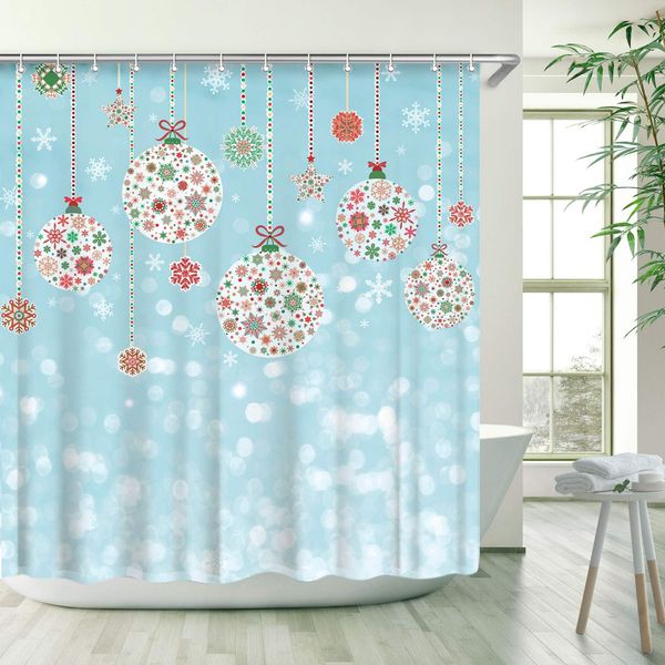 

christmas shower curtain, baubles shower curtains set with 12 hooks, waterproof shower curtain, decor light blue background
