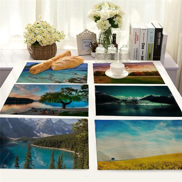 

mats & pads tree mountain dining table mat landscape printed cotton linen drink bowl cup placemats