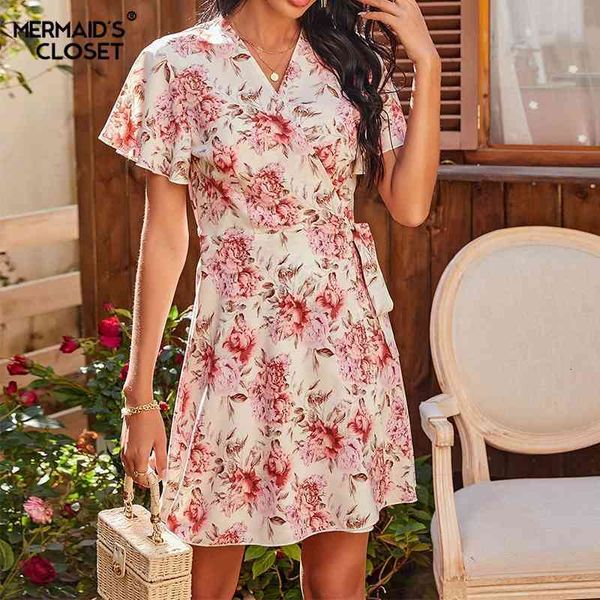 

casual dresses 2021 summer wrap flower print dress women boho v neck sundress butterfly sleeve female short a line party vestidos, Black;gray