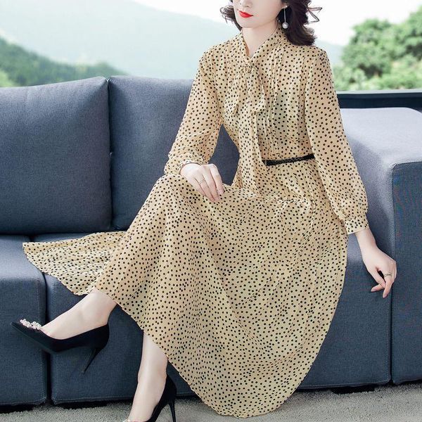 

casual dresses coigarsam women dress autumn 2022 brief office lady print long sleeve polka dot high waist belt robe, Black;gray