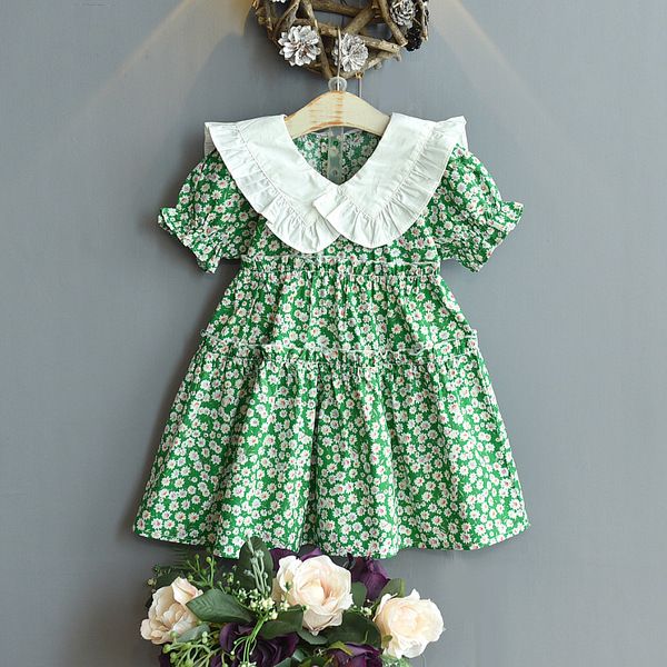 Sommer Mädchen Kleid 2021 Neue Pastoralen Stil Rüschen Revers Kurzen Ärmeln Floral Baby Kinder Kinder Kleidung Für Mädchen Q0716