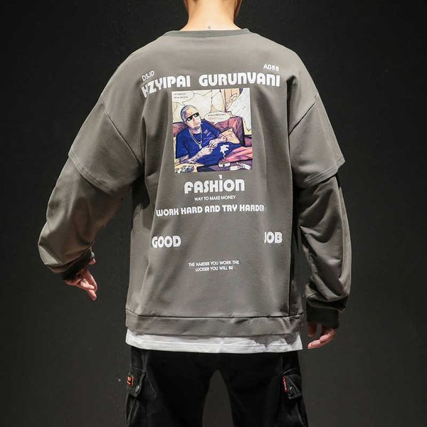 

youth fake two-piece long-sleeved autumn letter printed fashion casual sweatshirt men's loose all-match pullover 210531, Black