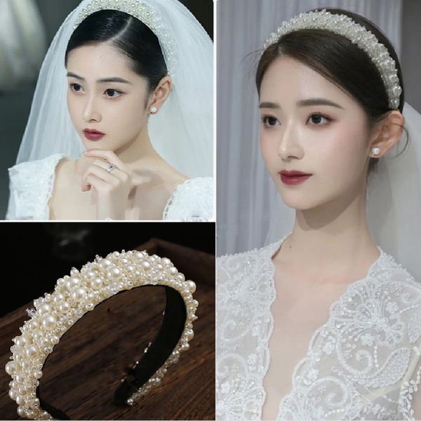 

brides' pearl headdress, ladies' fashion, crystal wide hairband, versatile wedding dress and hair accessories, Golden;white
