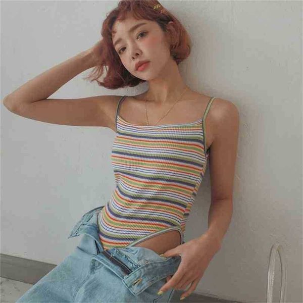 

colorful striped sleeveless women bodysuits arrival stylish chic summer sweet female 210525, Black;white