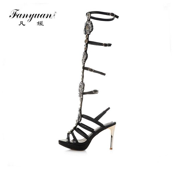 

fanyuan genuine leather gladiator sandals women luxury stiletto high heels rhinestone strap hollow-out summer shoes gold, Black