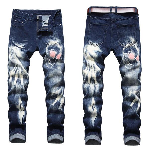 

men's jeans fashion skinny plus size 28-42 design printed long stretch tear, Blue
