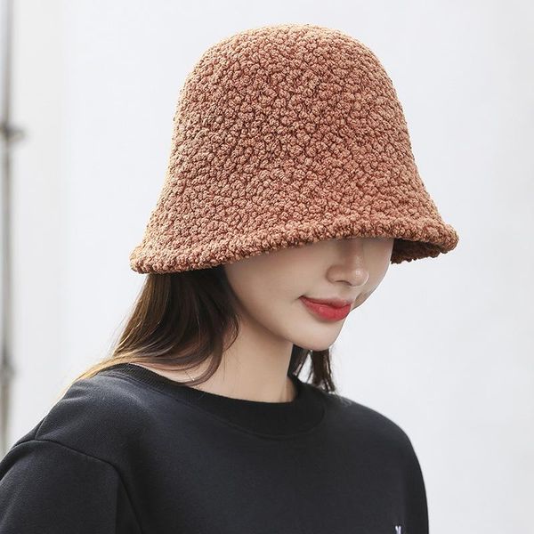 

wide brim hats maxsiti u solid soft warm imitation lamb wool bucket hat women winter fashion versatile knitted basin cap harajuku fishing, Blue;gray