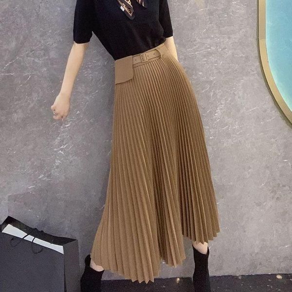 

skirts 2021 women autumn winter vintage skirt lady loose sashes high waist a-line mid-long female casual solid pleated falda g273, Black