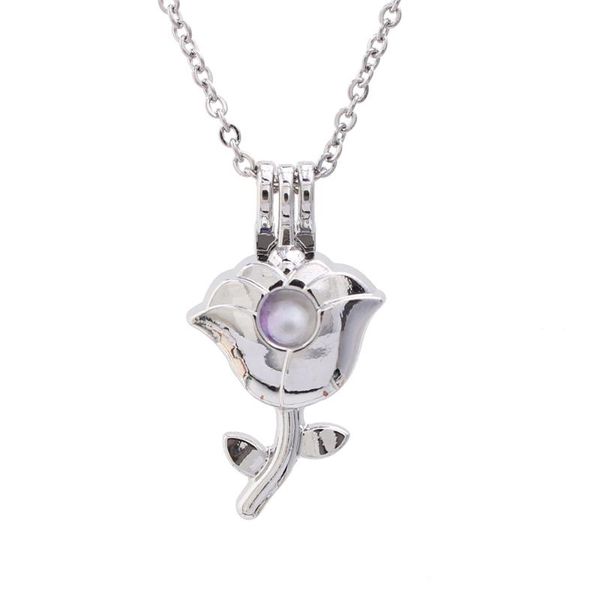 

pendant necklaces 1pc rose flower pearl cages necklace jewelry for pearls aroma essential oil diffuser lockets with 20'' stainless, Silver