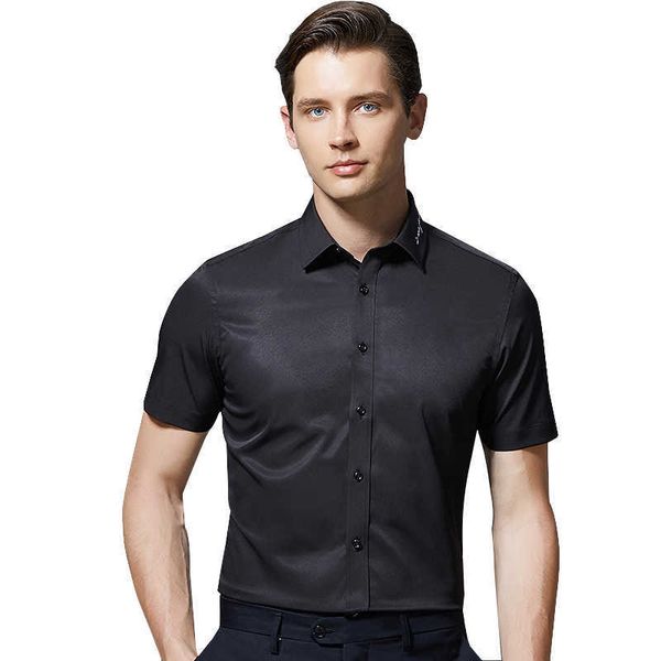 

men's short sleeve shirt stretch fabric solid black white elasticity social shirt formal dresses slim fit work male blouse 210609, White;black