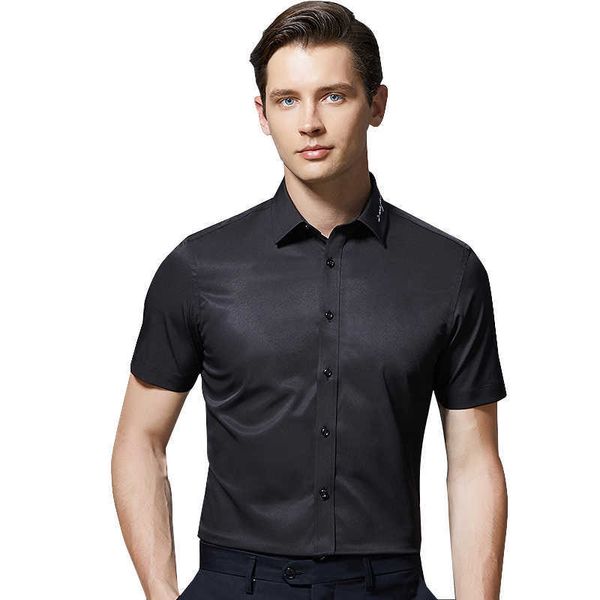 Camicia a maniche corte da uomo Tessuto elasticizzato Solido Nero Bianco Elasticità Camicia sociale Abiti formali Camicetta maschile da lavoro slim fit 210609