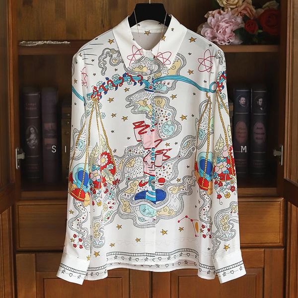 

light luxury 20 years early autumn style sweet young children's fun printed lapel silk long sleeve shirt g women's blouses & shirt, White